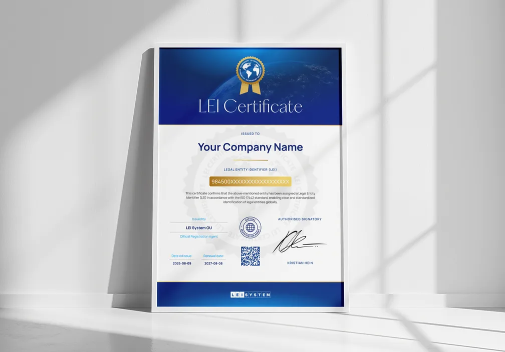 Vytištěný certifikát LEI