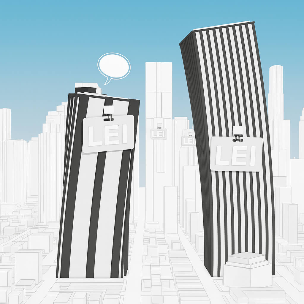 Ilustrace obchodních budov s odznaky LEI, symbolizující využití identifikátoru právnické osoby v obchodním sektoru
